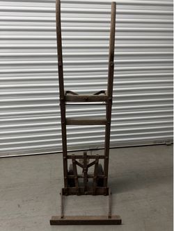 RARE ANTIQUE WOOD/METAL HAND TRUCK 55 GALLON  DOLLY PEDAL-ACTIVATED FORK MECHANISM