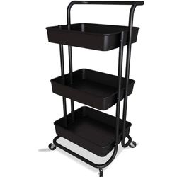 Black 3-Tier Rolling Mobile Utility Carts with Wheels, Storage Organizer With Roller Wheels 