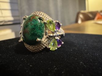 Sterling Silver Multi-Gemstone Cluster Ring, Chrysocolla, Peridot & Amethyst, Size 8