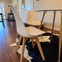Crate & Barrel Modern Glass Dining Table + 4 White Chairs (Mid-Century Style) 