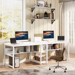79" Extra Long Two Person Desk, Double Computer Desk with Storage Shelves
