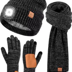 LED Beanie Gloves Scarf Set, Winter Hat with Light Built in Headlamp Caps Long Scarf Touchscreen Gloves, 3 in 1 Warm Gift Set