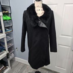 Abrigo Vince Lana Cuello Piel Conejo Cuero Cordero Negro Mujer Talla XS