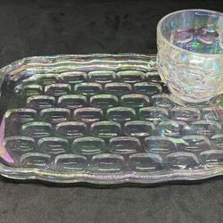 VTG Federal Iridescent Glass Yorktown Thumbprint Sip&Snack Plates Set Of 4 10x7”