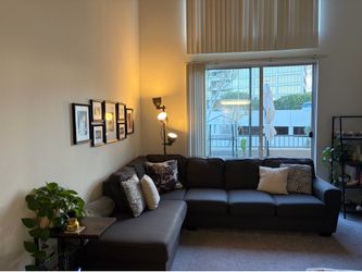 Dark Grey/Blue L-Shaped Sectional Sofa with Chaise and matching ottoman