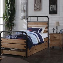 Brand New Antique Oak/Metal Youth Twin Bed with Trundle
