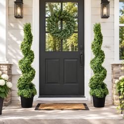 2-Pack 4ft Artificial Boxwood Spiral Topiary Trees, Realistic Green PE Plants with Pots and 10 Replacement Leaves