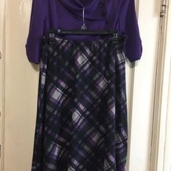 Perceptions Women's plaid midi skirt and a purple cowl neck ruched top with a belt.
