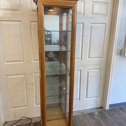 Tall Lighted Curio Cabinet – Oak Finish – 2 Side Doors – Glass Shelves