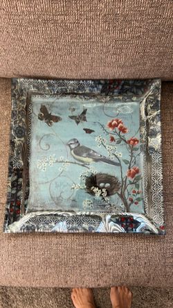 Beautiful  Decorative Cased Glass Serving Tray w/ Butterflies, Birds, & Flowers by Janet Tava