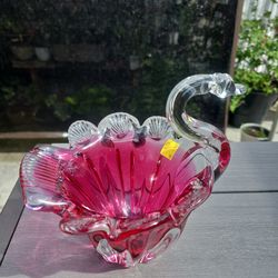 Heavy Cranberry Glass Swan