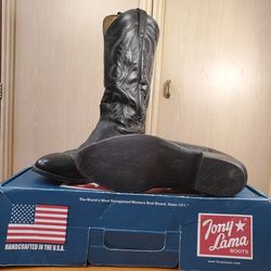 Tony Lama Men's 11 D Boots Black Leather Snake Skin Pattern Cowboy Western