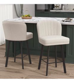 Swivel Counter Height Bar Stools Set of 2, 26'' Modern Barstools with Backs and Metal Legs, Upholstered Bar Chairs, Beige, Fabric Stools for Kitchen I