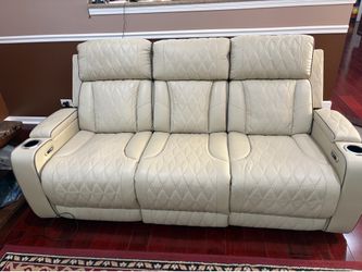 Beige Vegan Leather Reclining Living Room Sofa With Cup Holders, Wireless Charging