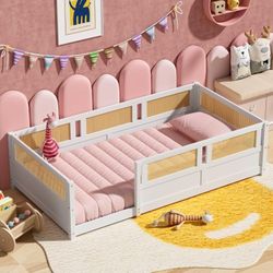 Twin Size Floor Bed with PE Rattan High Fence, Wood Montessori Bed Frame with Slats for Children Girls Boys, White