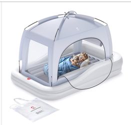 Inflatable Toddler Travel Bed With Tent, Baby Crib Tent, Portable Kids Air Mattress With Safety Bumpers, Ideal For Home, Grandma's, Camping, Traveling