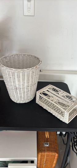 Wicker Rattan Trash Can & Kleenex Box