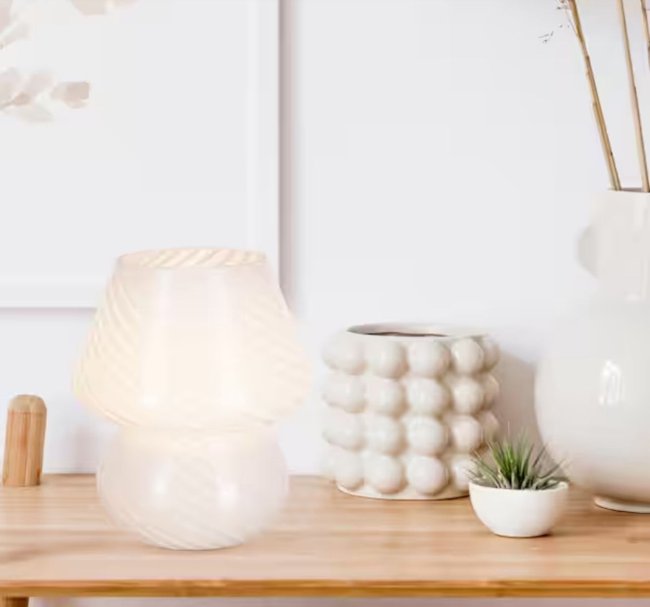 7 in. White Contemporary Swirl Glass Mushroom Accent Lamp