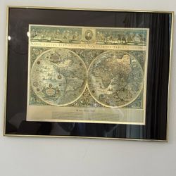Vintage Framed Gold Foil Blaeu Wall Map of Old World 28x22