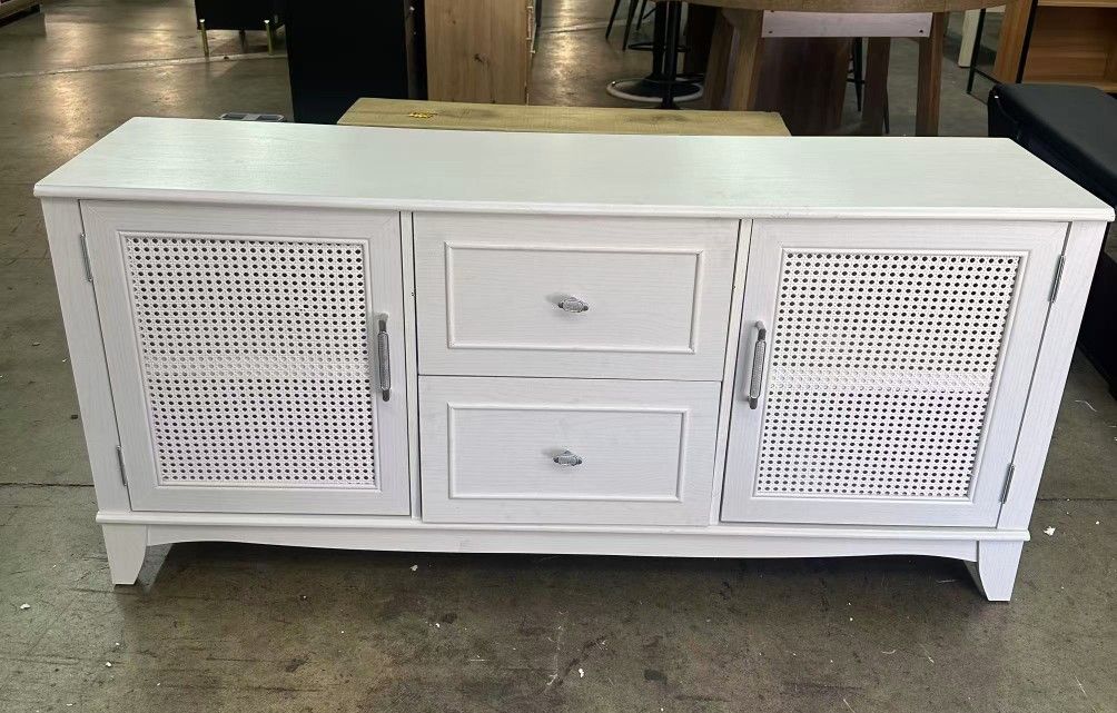 new assembled TV Console, Bright White and silver Modern Media Console with 2 drawers 2 Doors Storage, for Living Room Furniture, Large TV Stand