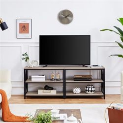 TV Stand for 70 Inch TVs, Industrial Media Entertainment Center with 3-Tier Storage Shelves, 63" TV Console with Metal Frame for Living Room, Gray