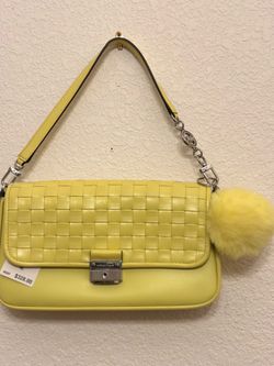 Michael Kors Bradshaw Small Woven Leather Shoulder Bag Limelight Yellow New