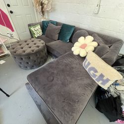 Grey Suede Sectional & Ottoman