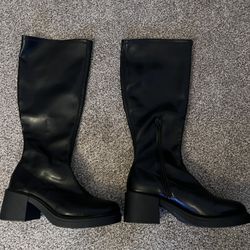 Calf High Black Leather Boots