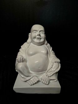 White Laughing Buddha Seated Figurine Statue Holding Prayer Beads - Buddhism 11"