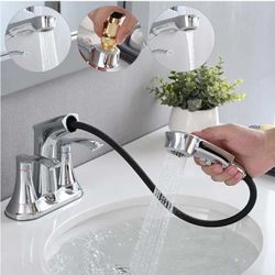 7707: New Bathroom Faucet with Pull Out Sprayer, 4 Inch Centerset 3 Hole, 2 Handle Pull Out for Bathroom, Utility Sink or Laundry Tub, Chrome