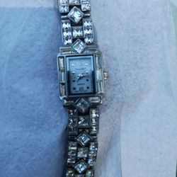 Vintage Rhinestone Bracelet Watch Silver Tone 