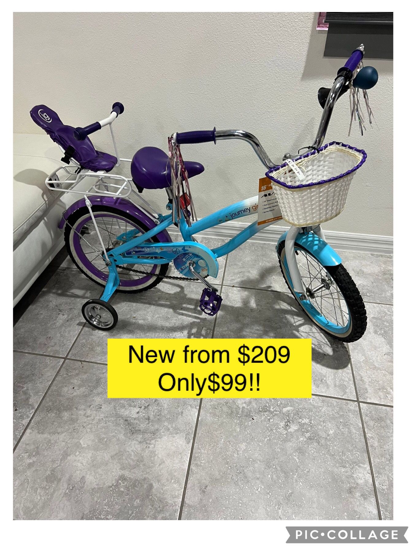 New from $209 only $99!! Avigo 16 inch Journey Girls Bike kid, Doll extra seat / Bicicleta niña nueva