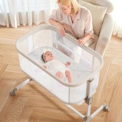 Fodoss Baby Bassinets Bedside Sleeper - All Mesh Bedside Bassinet with Wheels, 7 Height Adjustable Baby Bassinet for Infants, Beige 