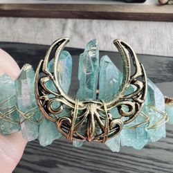 🌙 New! Natural Faux Crystal Goddess Headband Headpiece Turquoise Tiara w Half Moon