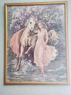 Girl with horse needlepoint tapestry picture artwork in Gold wood & glass frame 27" x 21"
