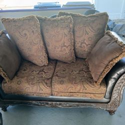 Beautiful Cherry Wood & Brown Leather-Cloth Couch - $250 OBO