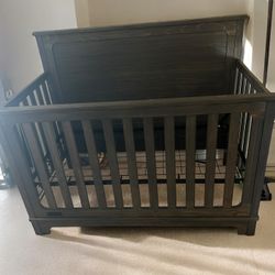 Wooden Convertible Baby Crib with Geometric Design - Brown Finish, 54” x 43”