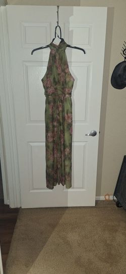 Green and pink chiffon halter dress.