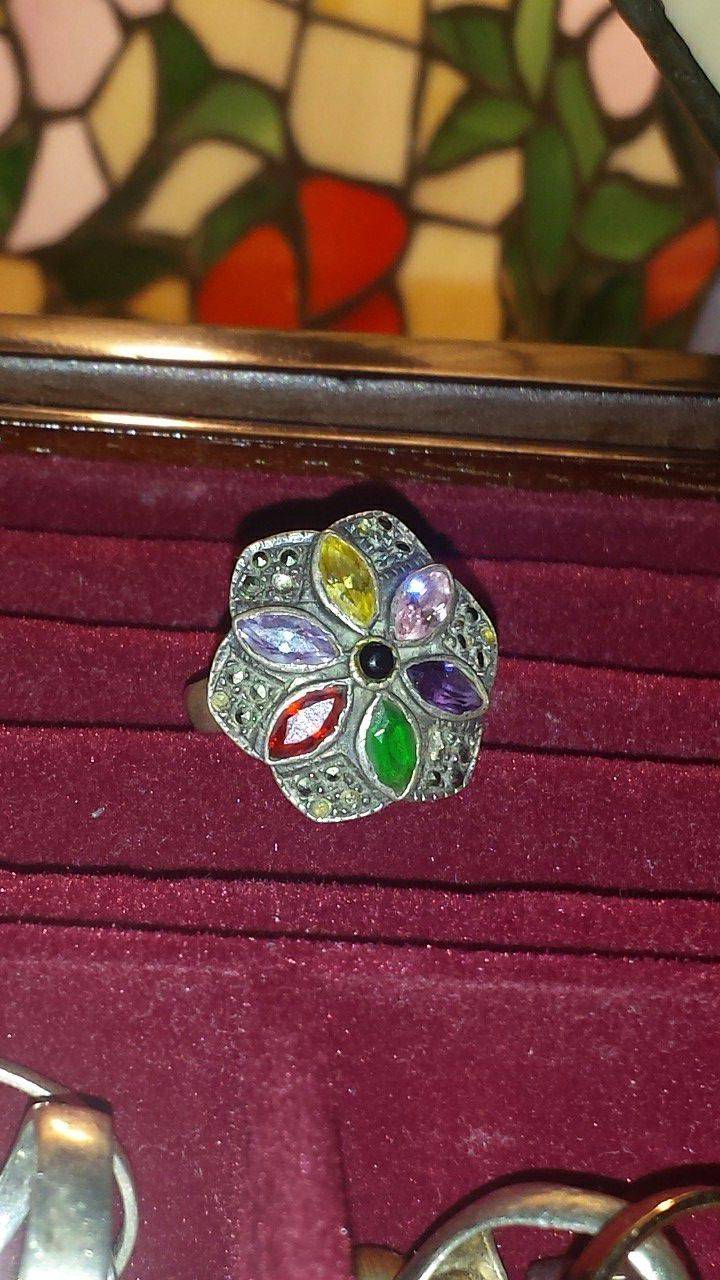 925 Stamped Silver Ring W/ Colorful Crystals