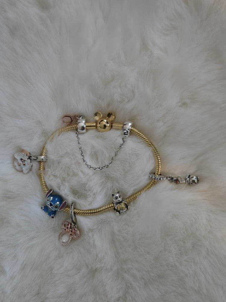 Pandora Gold plated bracelet Mickey mouse Olaf and Stitch safety chain full set