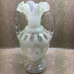 Fenton French Opalescent White Coin Dot double handled ruffled tall glass vase