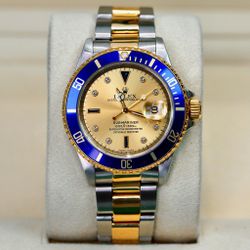 Rolex Submariner Date 16613 Two-Tone Factory Serti Champagne Dial Gold Thru Buckle