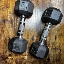 Pair of 15 lb Rubber Hex Dumbbells – Excellent Condition – Home Gym Equipment