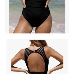 Women's One Piece Swimsuit Bathing Suit Tummy Control High Neck Cutout Back Hook Mesh Swimwear-SMALL