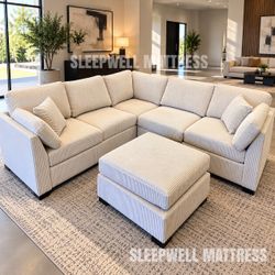 Cream Corduroy Sectional Sofa with Ottoman