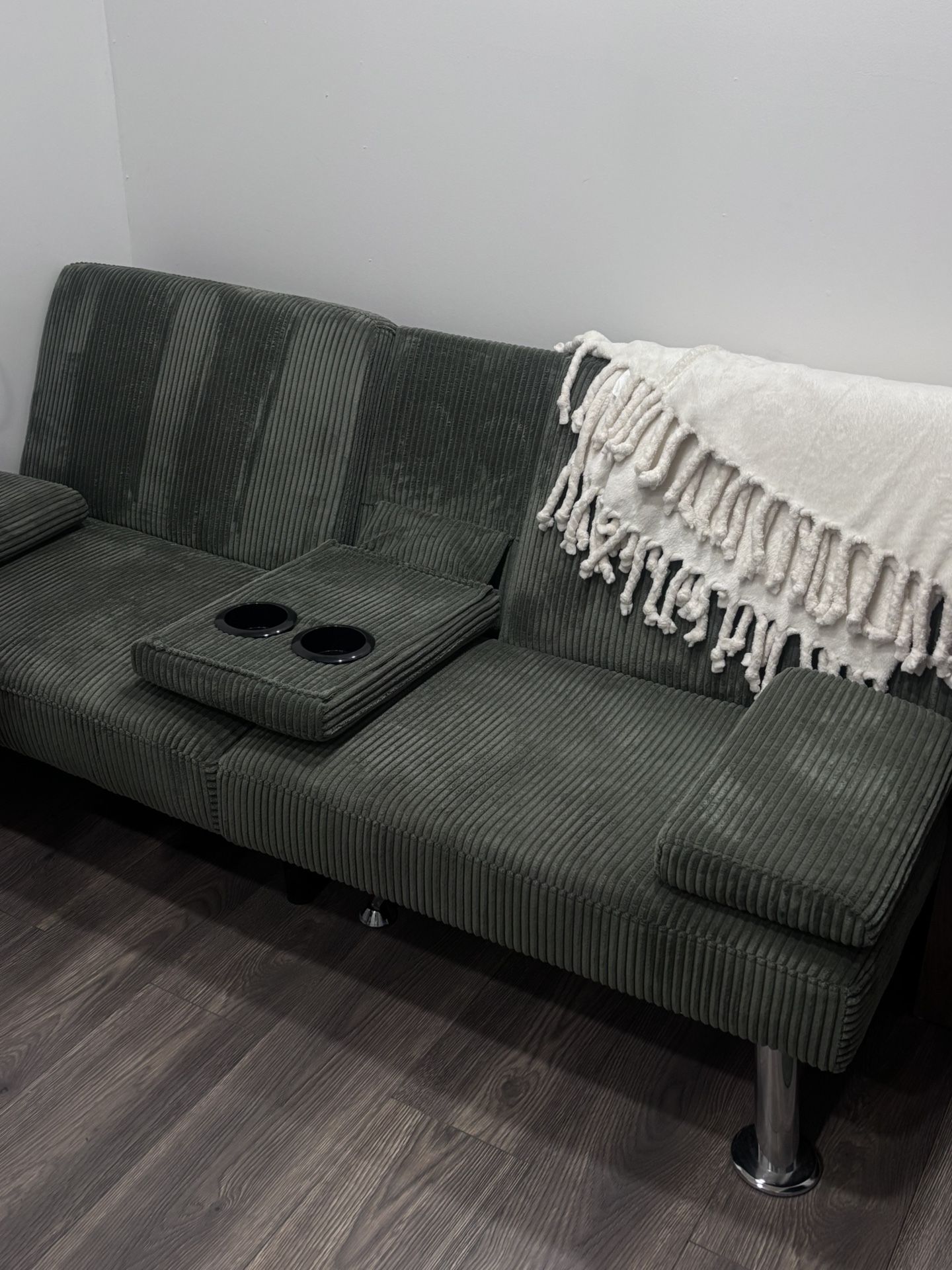 Shahoo Modern Upholstered Convertible Folding Futon Sofa Bed with Removable Armrests, Metal Legs, 2 Cup Holders for Living Room, Green