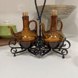 Vintage Wrought Iron Oil & Viniger Amber Glass Condiment Server