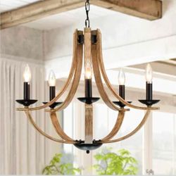 Farmhouse Chandeliers for Dining Room Light Fixture, 5-Light 24 inch Faux Wood Texture Hanging Lighting Fixtures, Rustic Candle Chandeliers