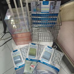 Storage Organizers Metal Wire Hanging and Shower Curtains with Bath Mat and Shower Curtain Rings