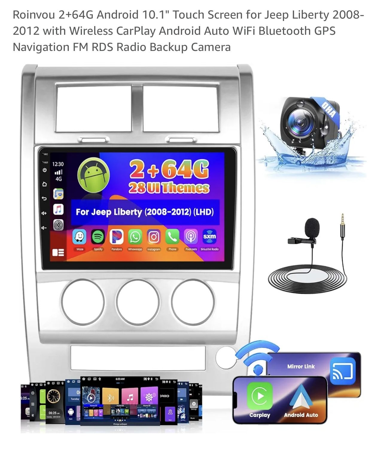 Roinvou 2+64G Android 10.1" Touch Screen for Jeep Liberty 2008-2012 with Wireless CarPlay Android Auto WiFi Bluetooth GPS Navigation FM RDS Radio Back